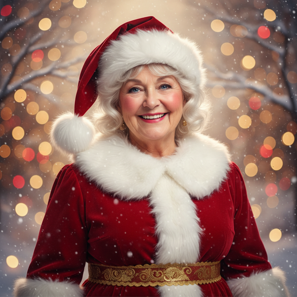 Portrait of a smiling woman transformed into a festive Mrs. Claus