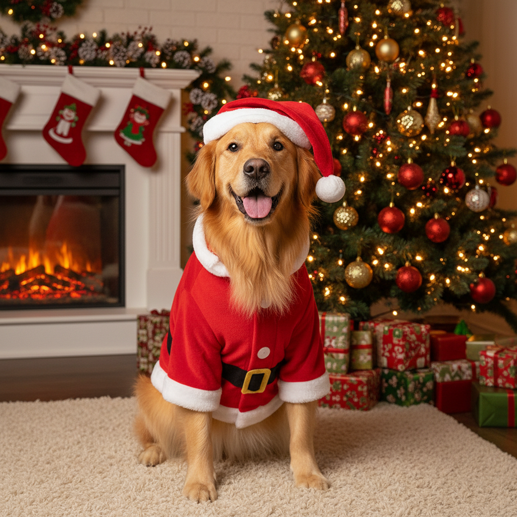 Cute golden retriever dog wearing a Santa Claus outfit