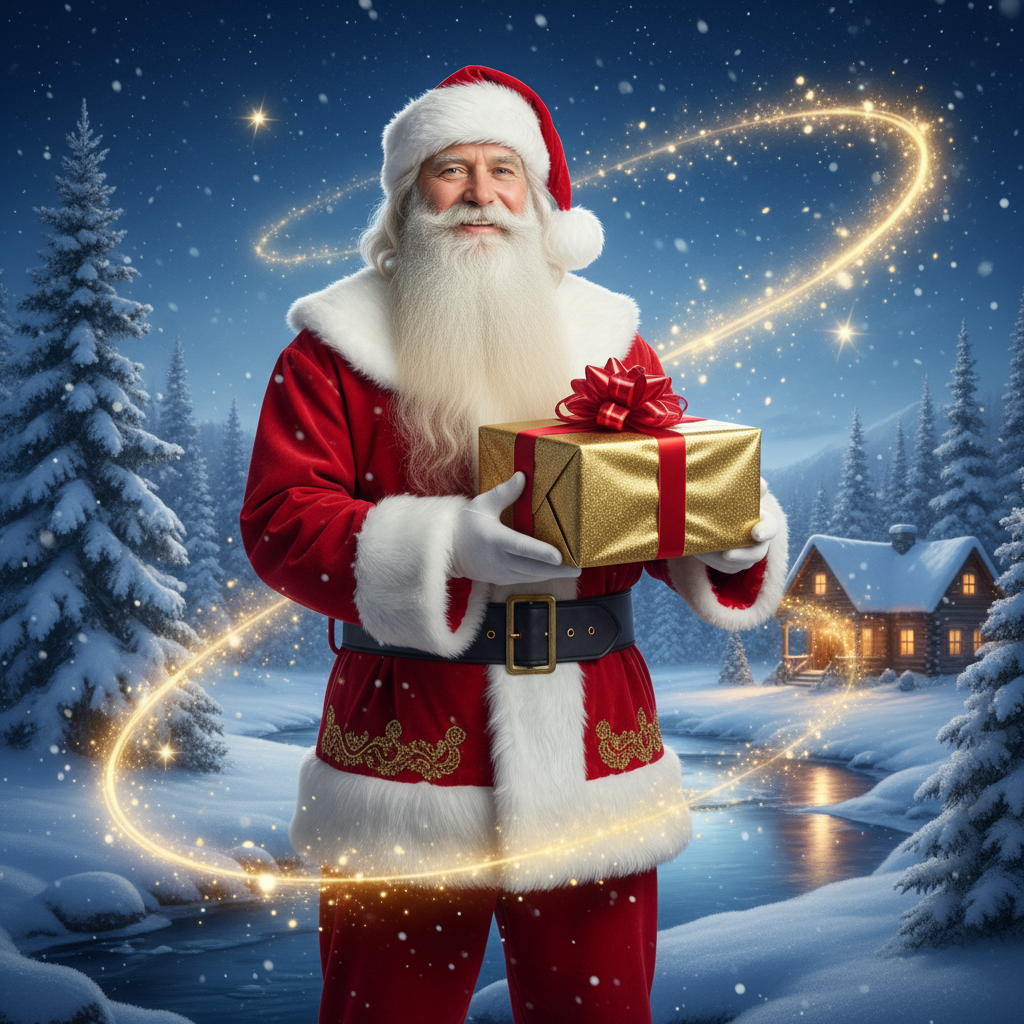 Friendly middle-aged man with a realistic white Santa beard